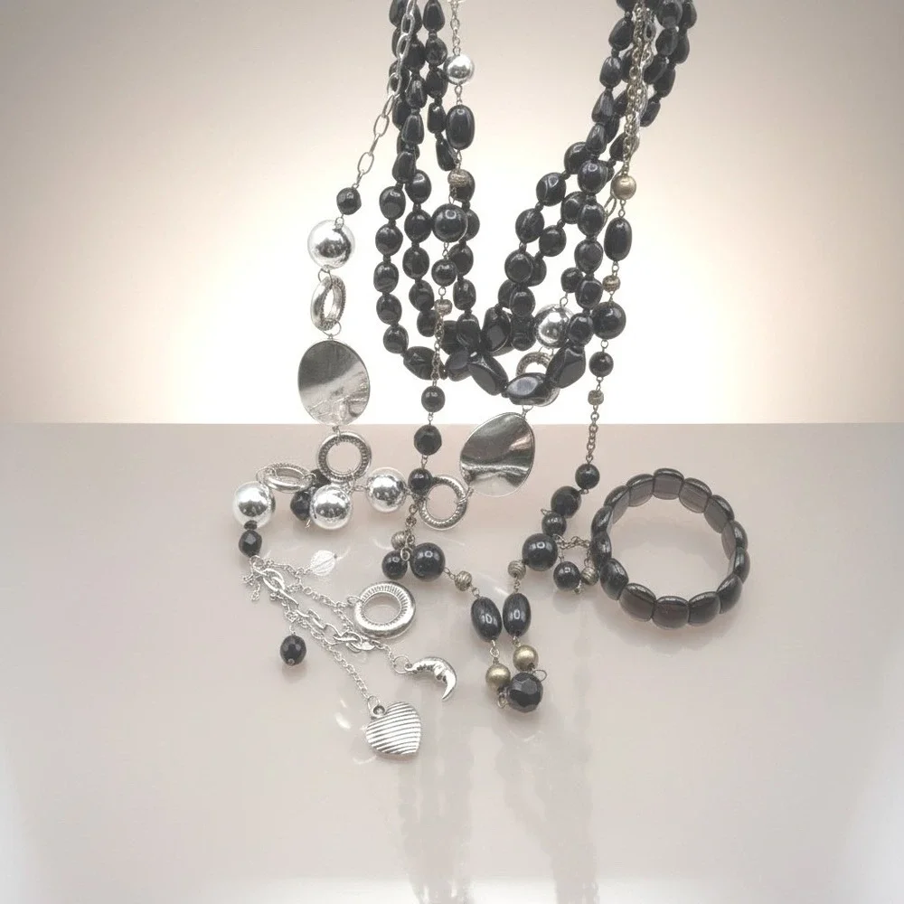 Whimsigoth Boho Jewelry Lot Necklaces Bracelet Black Silver Brass Mixed Media OS